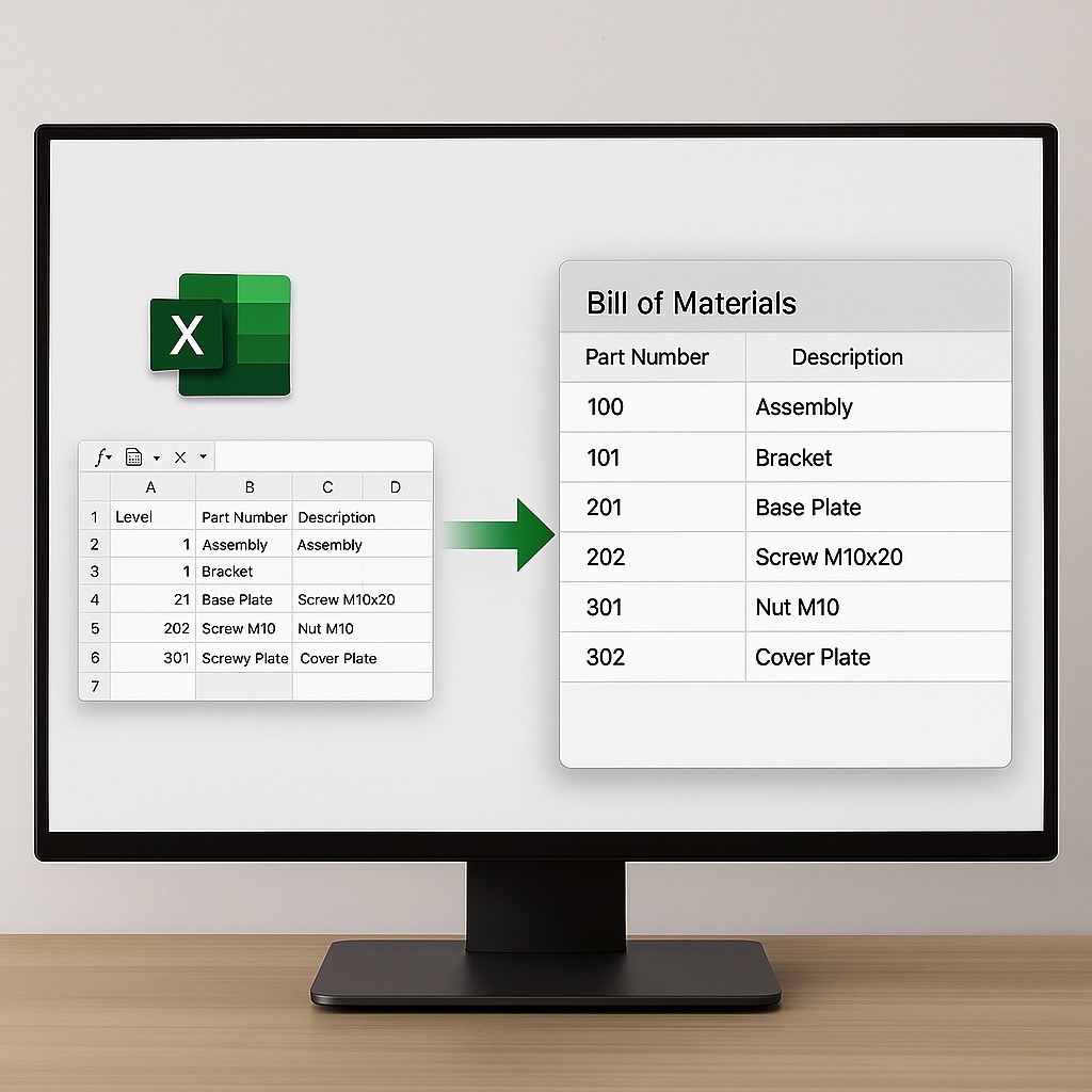 Ukázka importu kusovníku z Excelu do FileMakeru na obrazovce