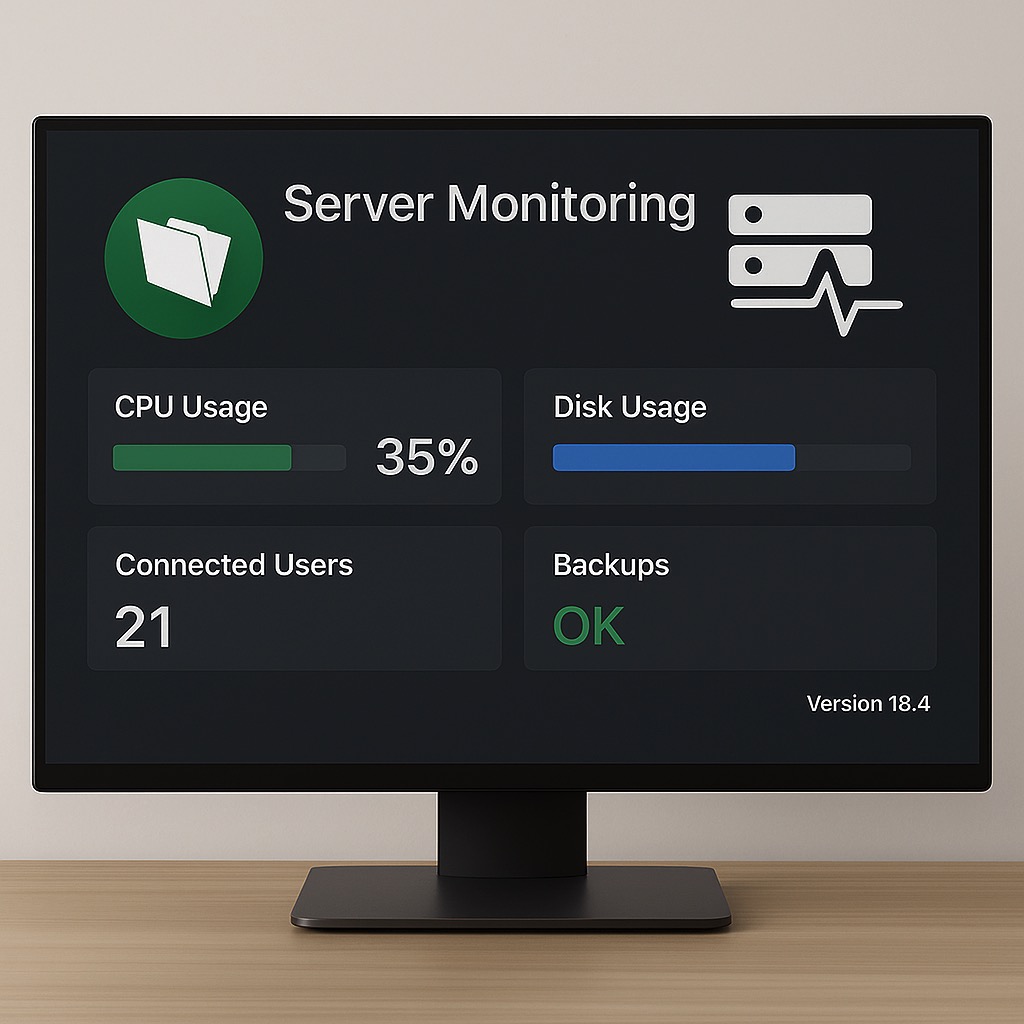 Přehled o stavu serveru FileMaker – CPU, disk, uživatelé a zálohy